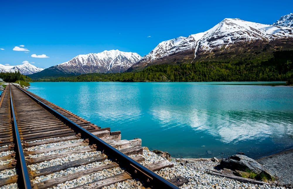 Railroad track with lake and mountain range