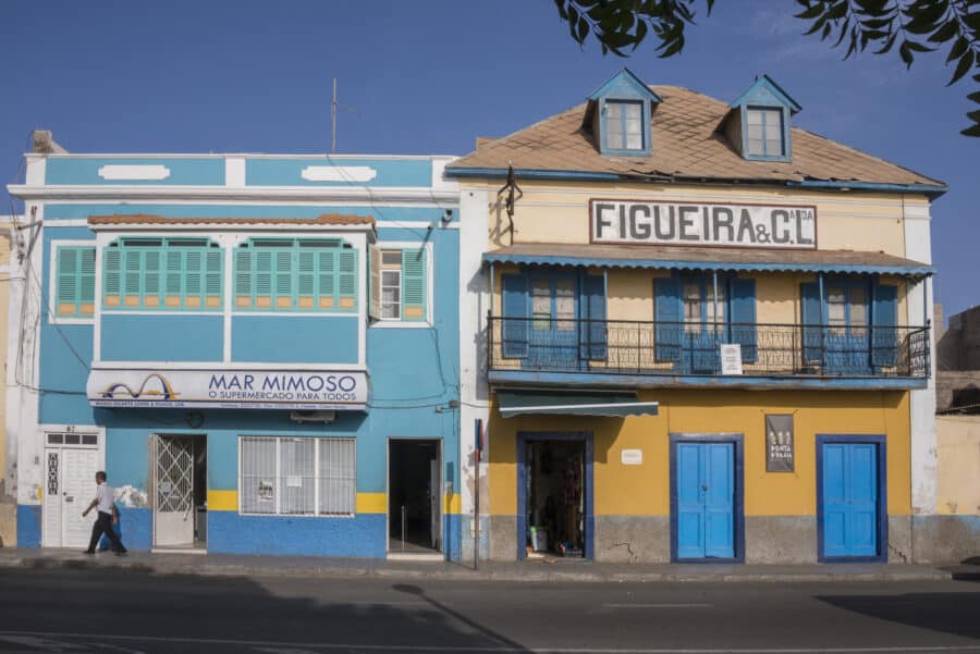 Brightly colored houses in Mindelo , Cape Verde Brightly colored houses in Mindelo , Cape Verde