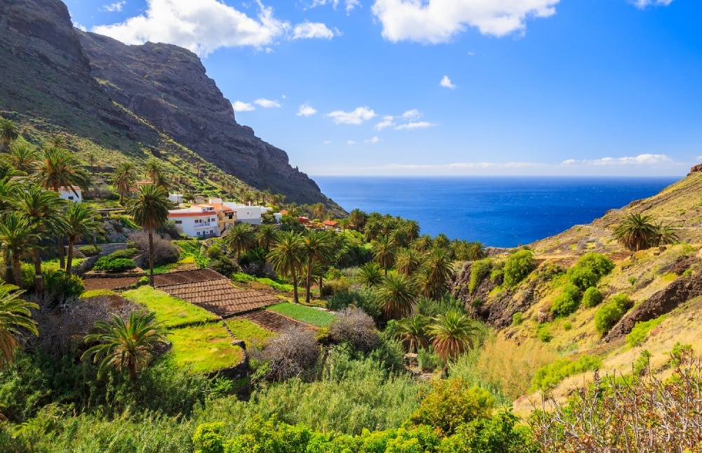 maisons et végétation dans une vallée sur l’île de La Gomera, Canaries