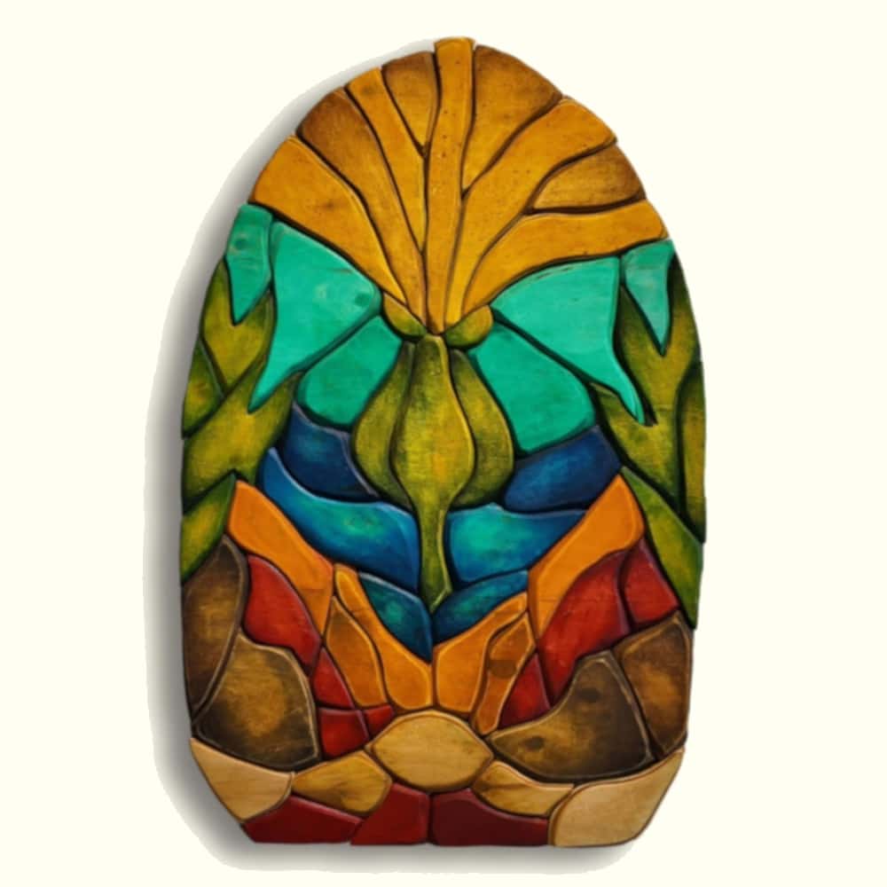 A wooden artwork by Taunatere with partial motifs in warm greens and blues, evocative of a flower blooming and a volcano erupting