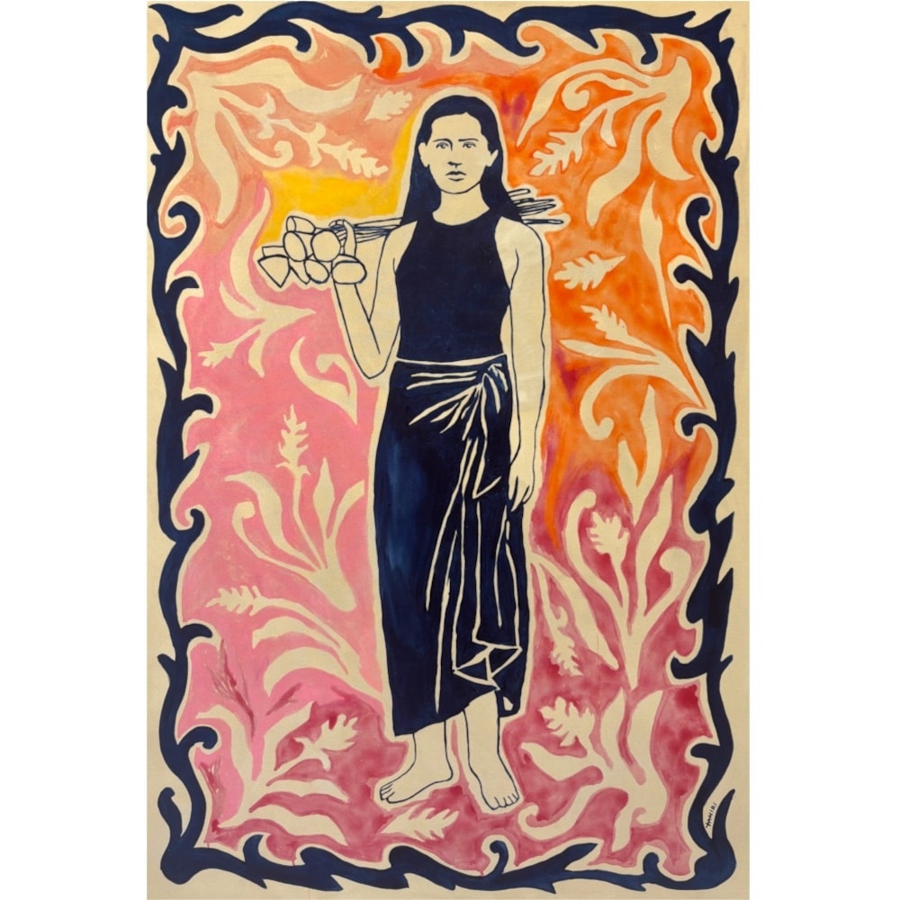 A painting by Tāhiri: a woman in a black dress with flowers on her shoulder in front of pink and orange foliage