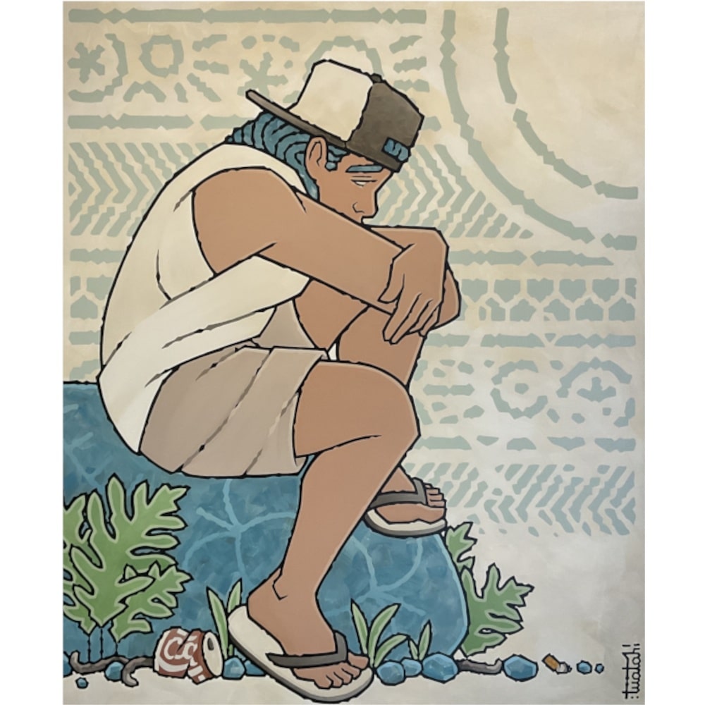 A painting by Tuatahi: a young man in a baseball cap and flipflops on a rock, against a background of Polynesian motifs