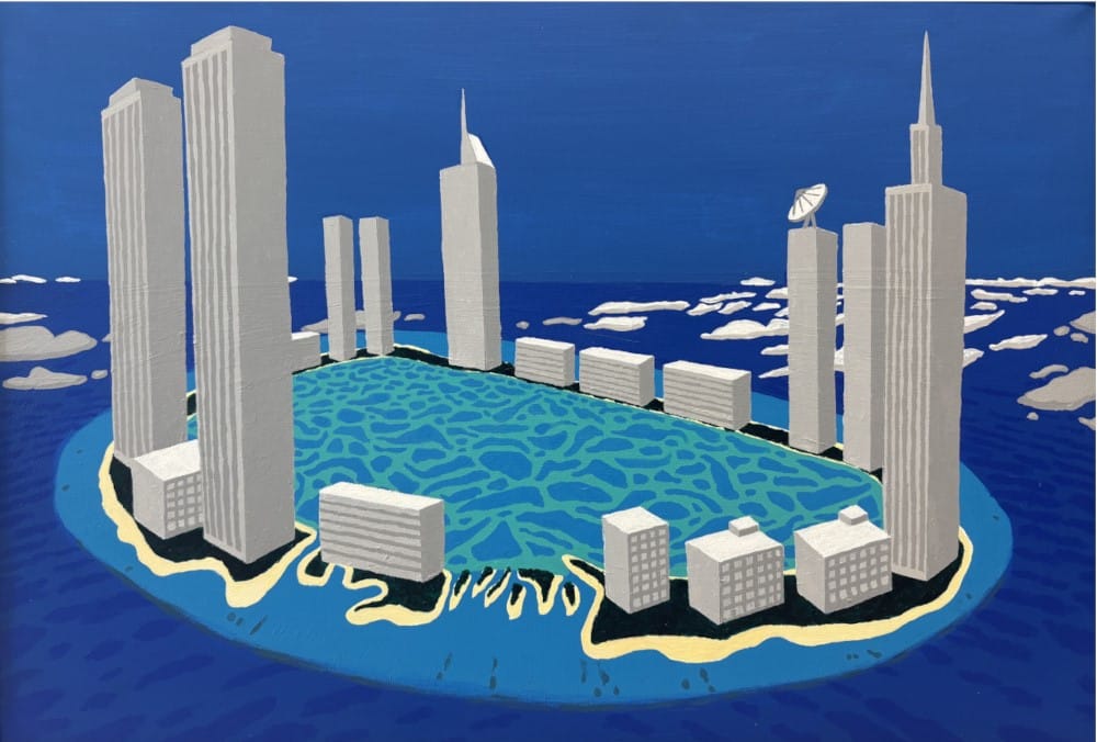 A painting by Andreas Dettloff: a Polynesian atoll ringed by white sky-scrapers with a blue lagoon at the centre