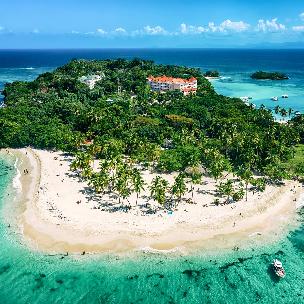 Aerial view of the island of Cayo Levantado, Dominican Republic, its white sand beaches and turquoise waters. 